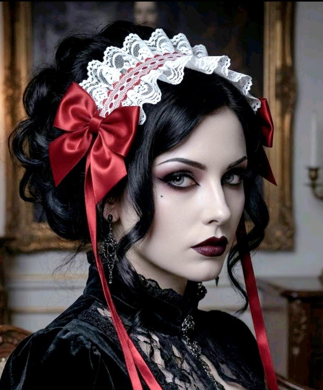 White Red Lace Satin Lolita Headpiece Head Band - Steampunk Maid Gothic Emo