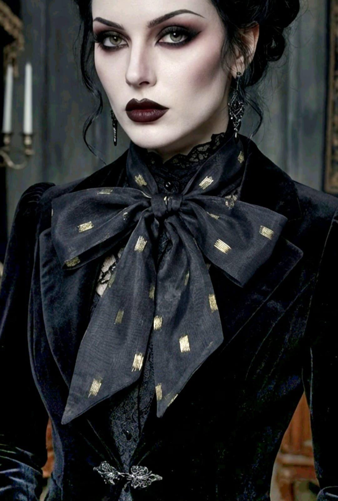 Black Gold Chiffon Cravat Pussy Bow Tie - Steampunk, Victorian Costume, Gothic
