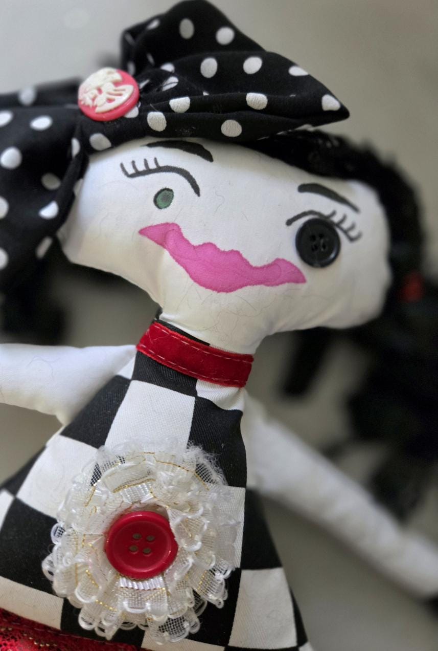 Gothic Art Doll: 36cm Handmade Creepy Ragdoll, Red Black Polka Dot, Boxed
