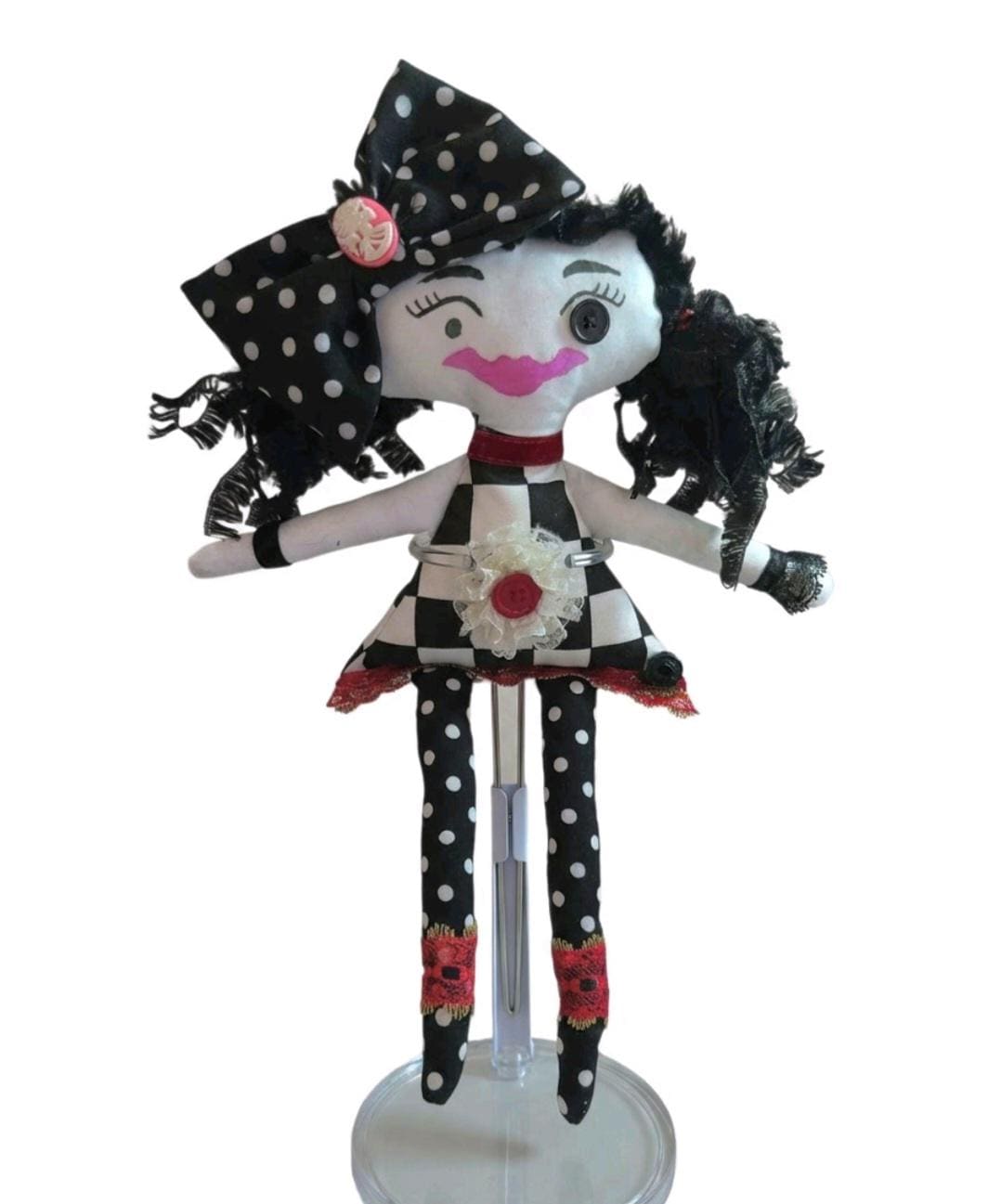 Gothic Art Doll: 36cm Handmade Creepy Ragdoll, Red Black Polka Dot, Boxed