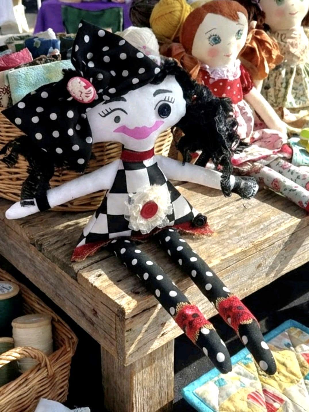 Gothic Art Doll: 36cm Handmade Creepy Ragdoll, Red Black Polka Dot, Boxed