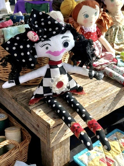 Gothic Art Doll: 36cm Handmade Creepy Ragdoll, Red Black Polka Dot, Boxed