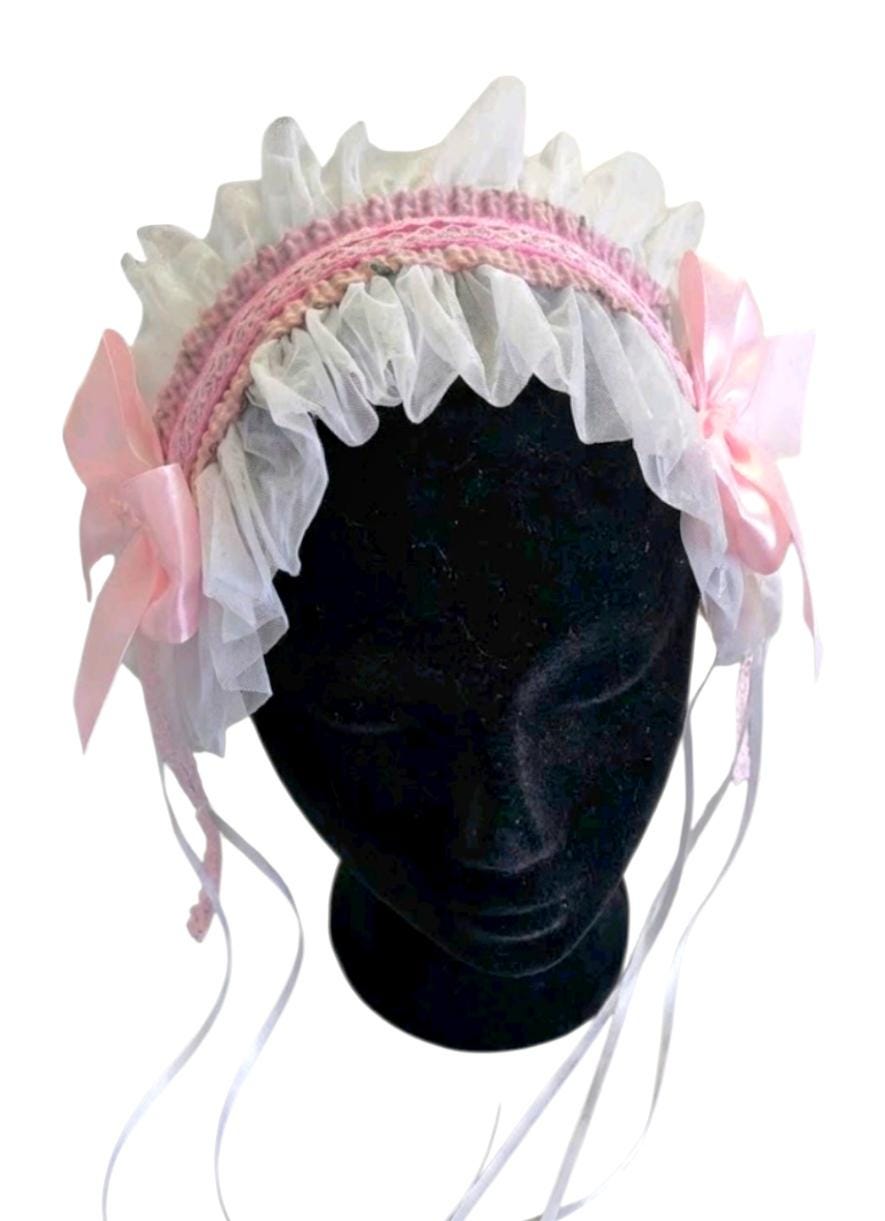 White Pink Lace Satin Lolita Headpiece Head Band - Steampunk Maid Gothic Emo
