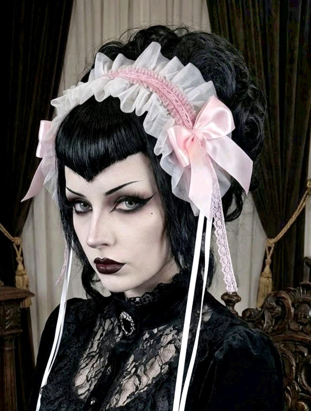 White Pink Lace Satin Lolita Headpiece Head Band - Steampunk Maid Gothic Emo