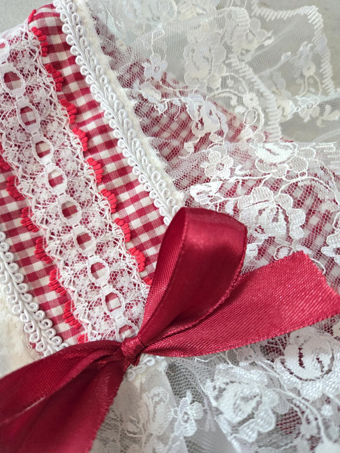 White Red Gingham Lace Satin Lolita Headpiece Head Band - Steampunk Maid Gothic Emo Cute