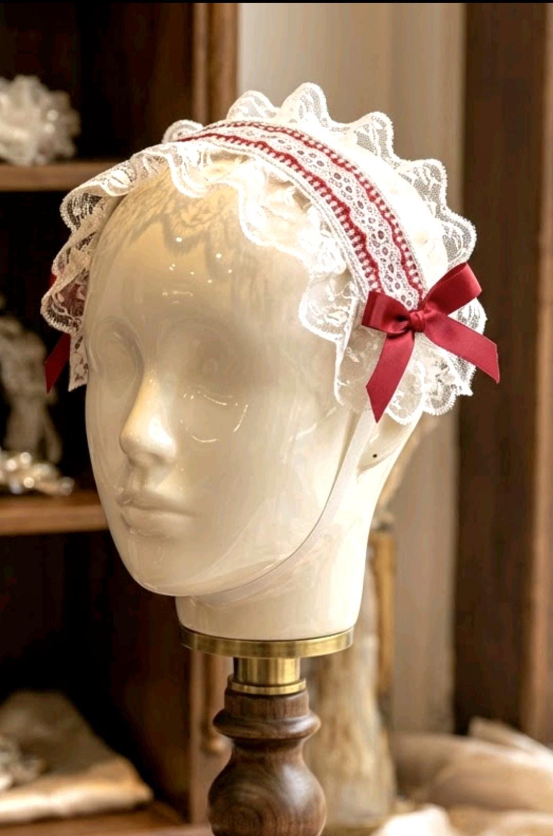 White Red Gingham Lace Satin Lolita Headpiece Head Band - Steampunk Maid Gothic Emo Cute