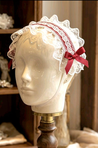 White Red Gingham Lace Satin Lolita Headpiece Head Band - Steampunk Maid Gothic Emo Cute