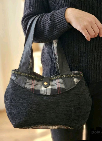 Black Chenille & Tartan Hand Bag, Black Red White Lined