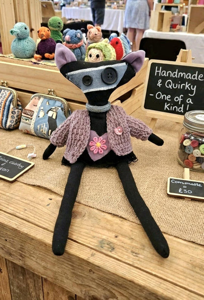 Gothic Art Doll Black Cat In A Cardi : 36cm Handmade Ragdoll, Purple Velvet Heart, Boxed