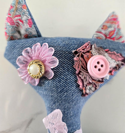 Gothic Art Doll Cat : 36cm Handmade Ragdoll, Liberty Print & Denim Scraps Pink Blue, Boxed