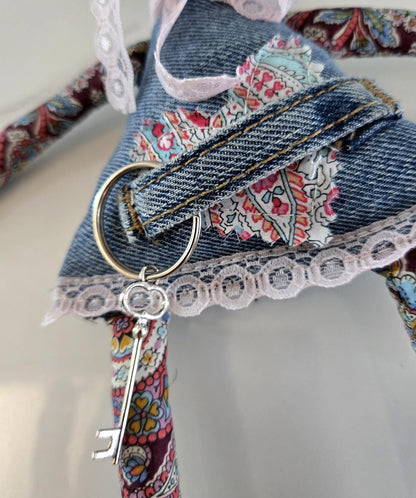 Gothic Art Doll Cat : 36cm Handmade Ragdoll, Liberty Print & Denim Scraps Pink Blue, Boxed