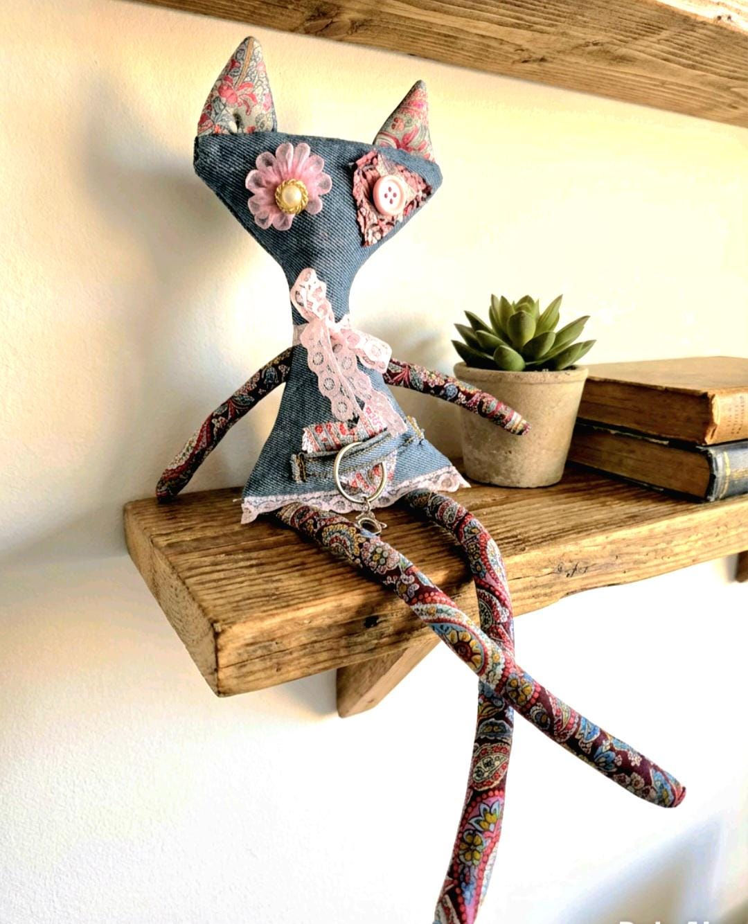 Gothic Art Doll Cat : 36cm Handmade Ragdoll, Liberty Print & Denim Scraps Pink Blue, Boxed