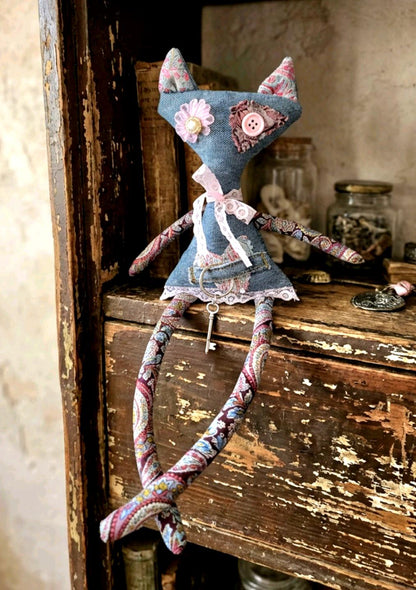 Gothic Art Doll Cat : 36cm Handmade Ragdoll, Liberty Print & Denim Scraps Pink Blue, Boxed