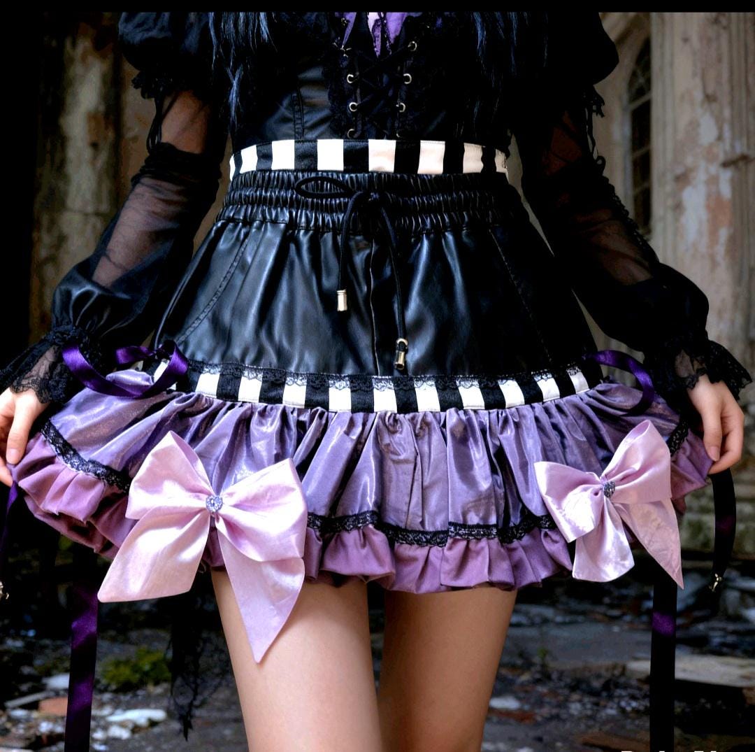 Black Faux Leather Purple Lolita Cake Skirt - Y2K Maid Gothic Kei, Size 10 - 14 Medium