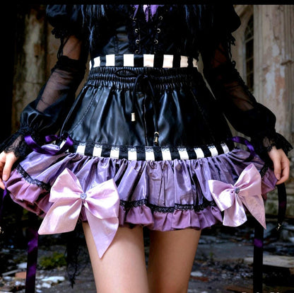 Black Faux Leather Purple Lolita Cake Skirt - Y2K Maid Gothic Kei, Size 10 - 14 Medium