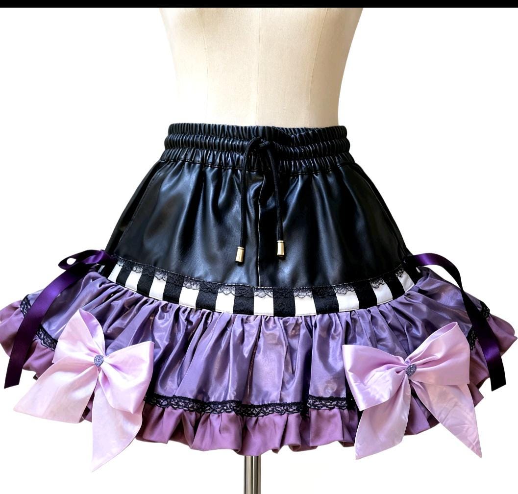 Black Faux Leather Purple Lolita Cake Skirt - Y2K Maid Gothic Kei, Size 10 - 14 Medium