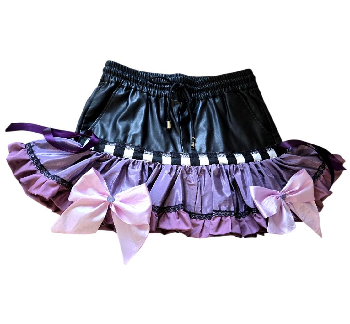 Black Faux Leather Purple Lolita Cake Skirt - Y2K Maid Gothic Kei, Size 10 - 14 Medium