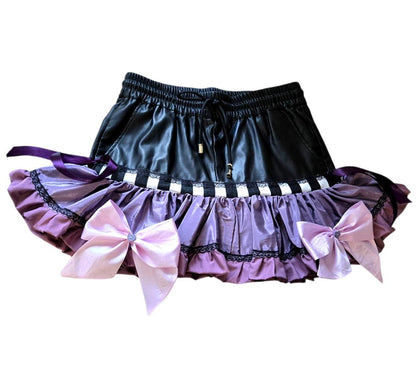 Black Faux Leather Purple Lolita Cake Skirt - Y2K Maid Gothic Kei, Size 10 - 14 Medium
