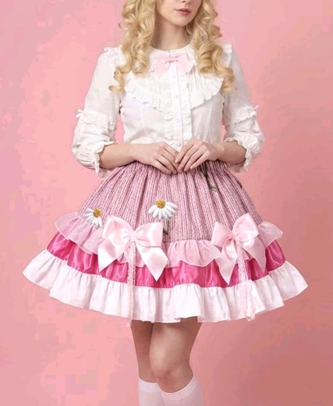 Pink White Bows Lolita Cake Skirt - Y2K Maid Gothic Kei Size 6 -10 Small