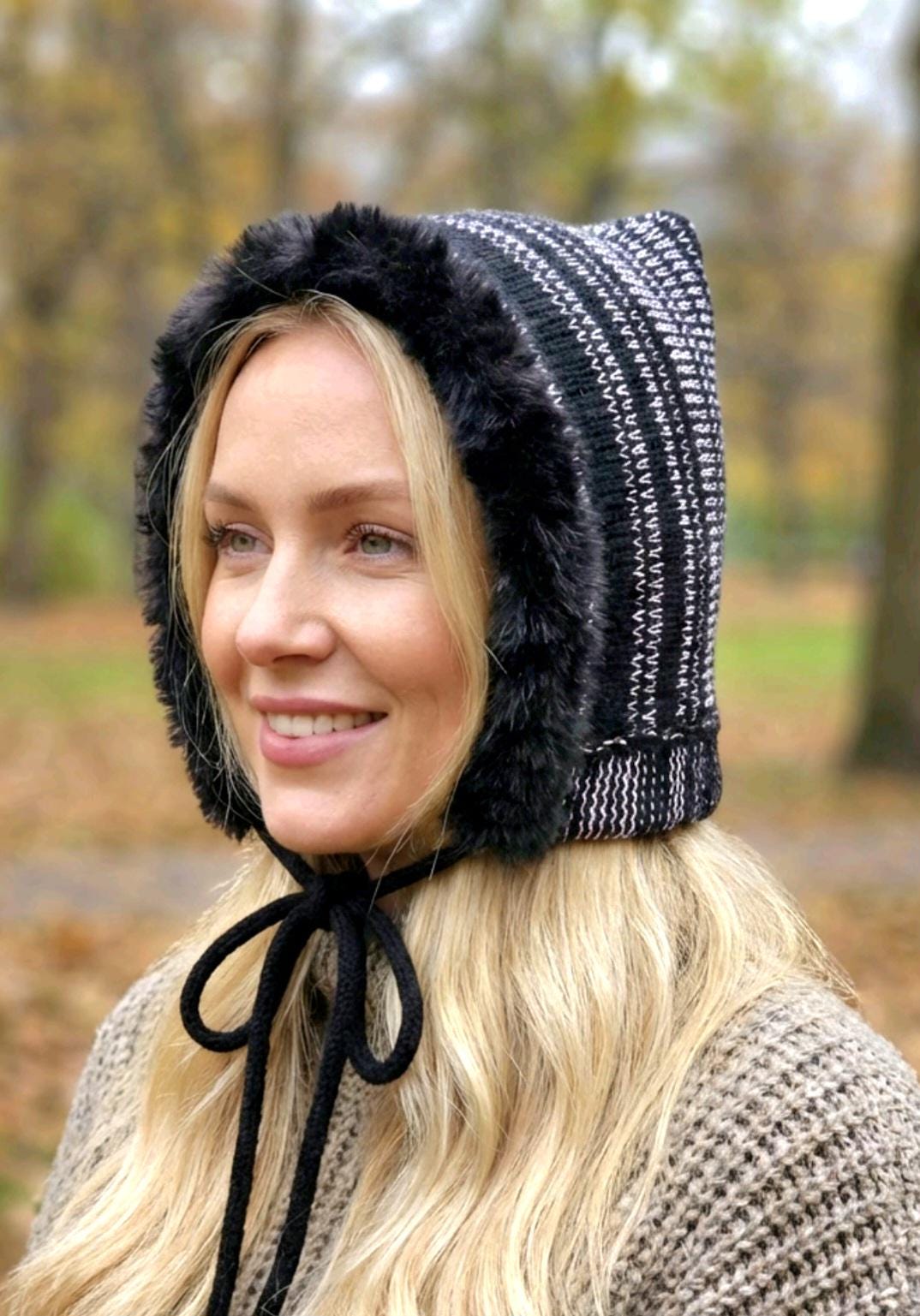 Handmade Black Pale Pink Knitted Pixie Bonnet: Adult Woodland Fairy Tie Hat Fur Trim