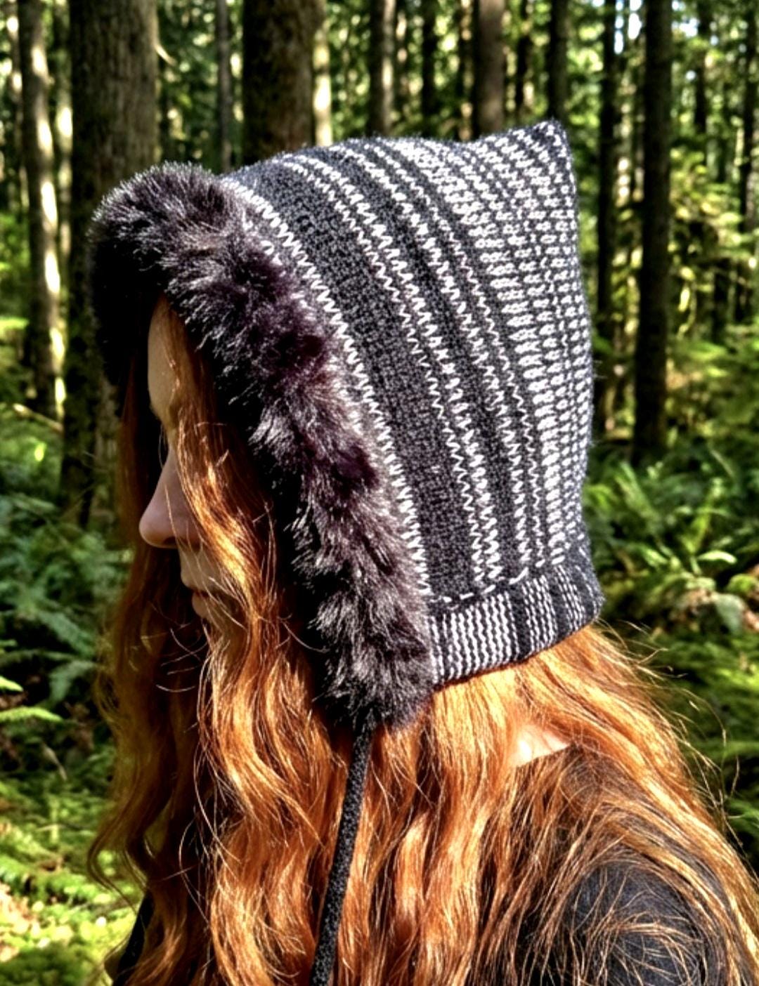 Handmade Black Pale Pink Knitted Pixie Bonnet: Adult Woodland Fairy Tie Hat Fur Trim