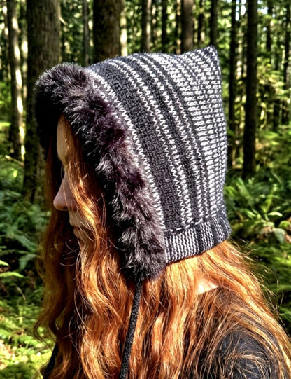 Handmade Black Pale Pink Knitted Pixie Bonnet: Adult Woodland Fairy Tie Hat Fur Trim
