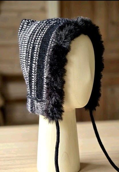 Handmade Black Pale Pink Knitted Pixie Bonnet: Adult Woodland Fairy Tie Hat Fur Trim