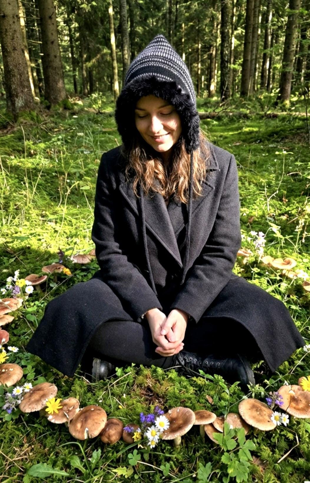 Handmade Black Pale Pink Knitted Pixie Bonnet: Adult Woodland Fairy Tie Hat Fur Trim