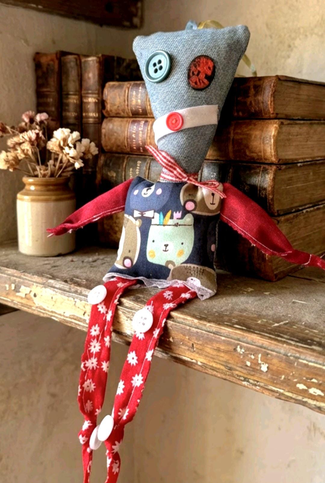 Scrappy Art Doll: 33cm Handmade Creepy Ragdoll, Denim Blue & Red, Boxed