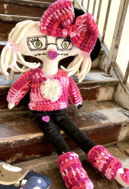 Gothic Art Doll: 36cm Handmade Creepy Ragdoll, Pink Black, Removable Clothes, Boxed