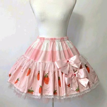 Pink White Strawberries Lolita Cake Skirt - Y2K Maid Tutu Gothic Kei Size 6 -10 Small