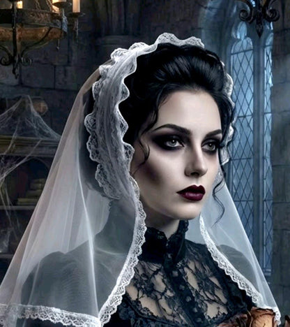 White Lace Net Veil Headpiece - Crocodile Clip Fastening - Bride Gothic Victorian Costume