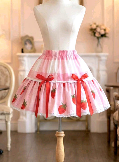 Pink Red White Strawberries Lolita Cake Skirt - Y2K Tutu Gothic Kawaii Size 8 - 12 (UK)