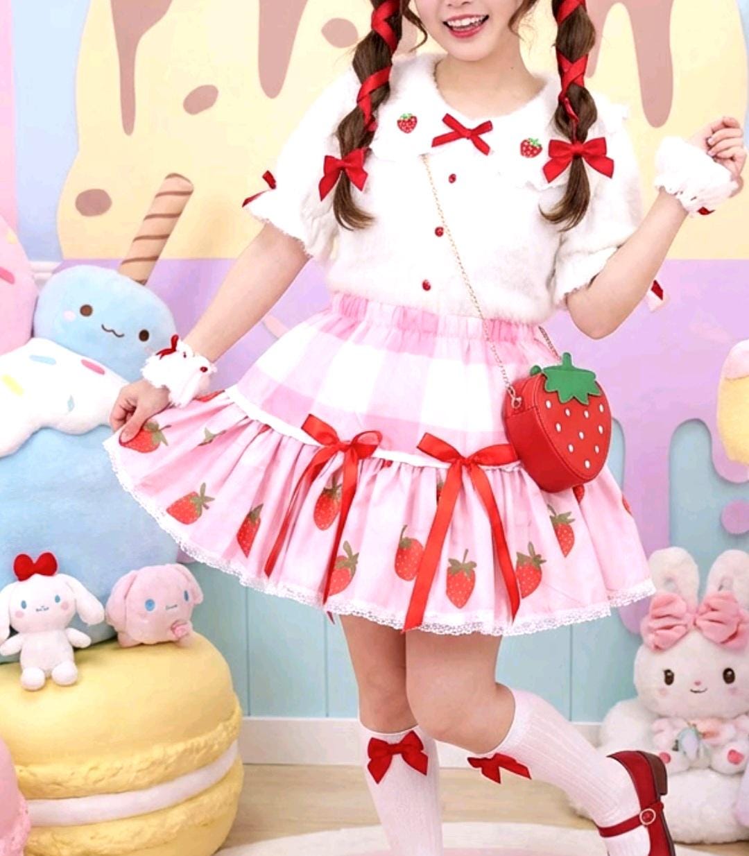 Pink Red White Strawberries Lolita Cake Skirt - Y2K Tutu Gothic Kawaii Size 8 - 12 (UK)