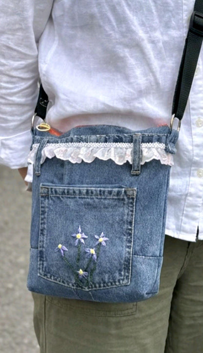 Denim & Lace Crossbody Shoulder Bag Fully Lined Zip Up, Holiday Funky Festival