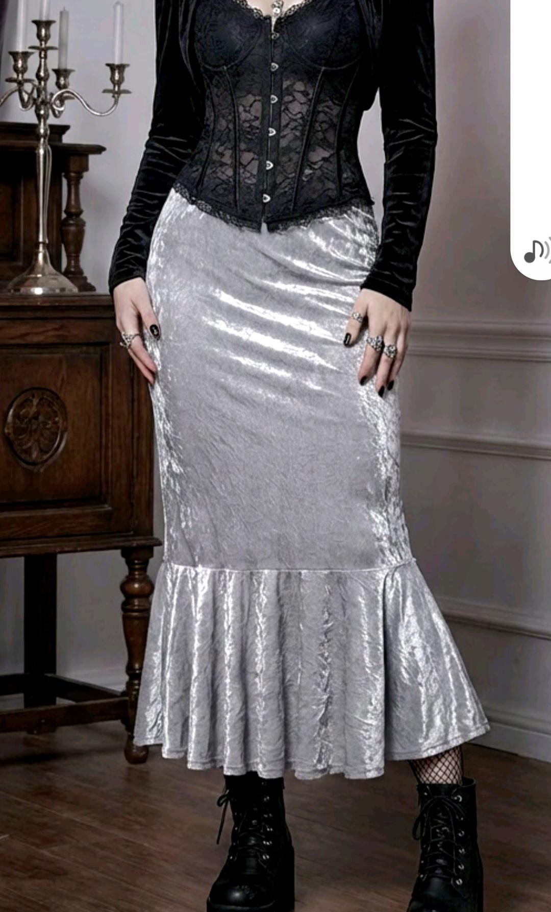 Silver Grey Fishtail Long Velvet Skirt - Gothic Witch Mermaid Size 10 - 14 (UK)
