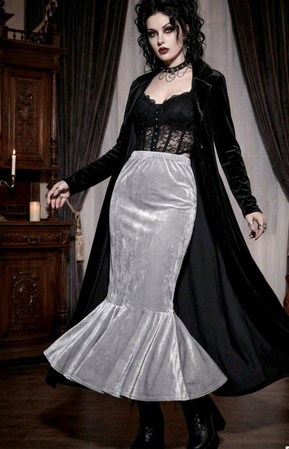 Silver Grey Fishtail Long Velvet Skirt - Gothic Witch Mermaid Size 10 - 14 (UK)