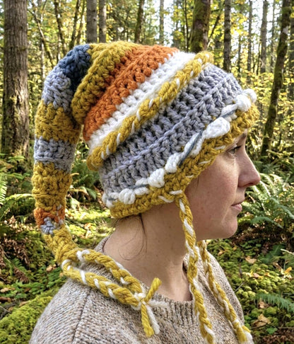 Handmade Woodland Wizard Pixie Hat - OOAK Orange Blue White Mustard Fairy Garden
