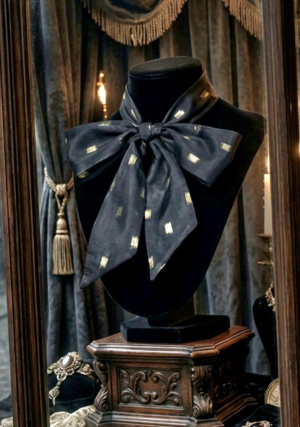 Black Gold Chiffon Cravat Pussy Bow Tie - Steampunk, Victorian Costume, Gothic