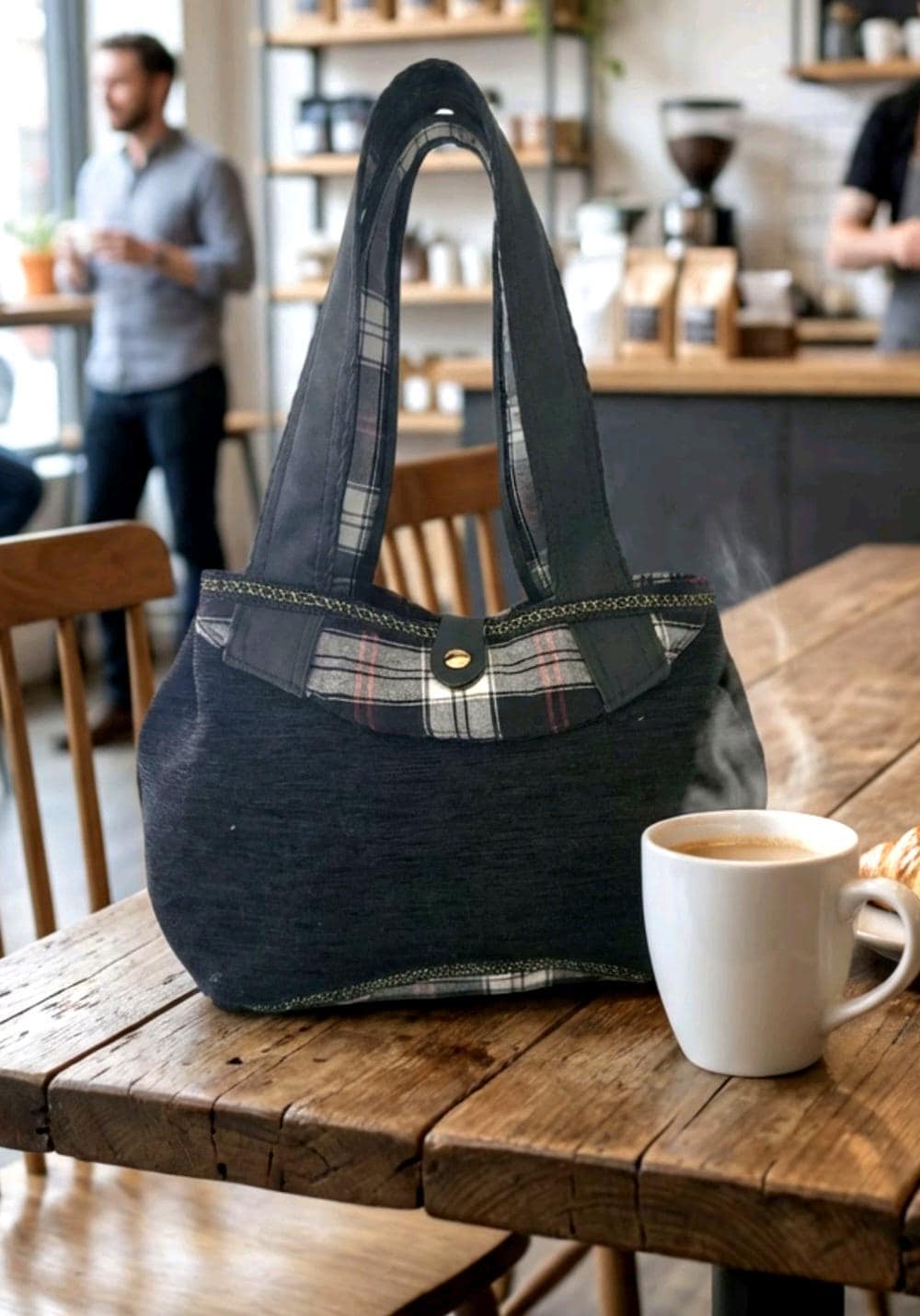 Black Chenille & Tartan Hand Bag, Black Red White Lined