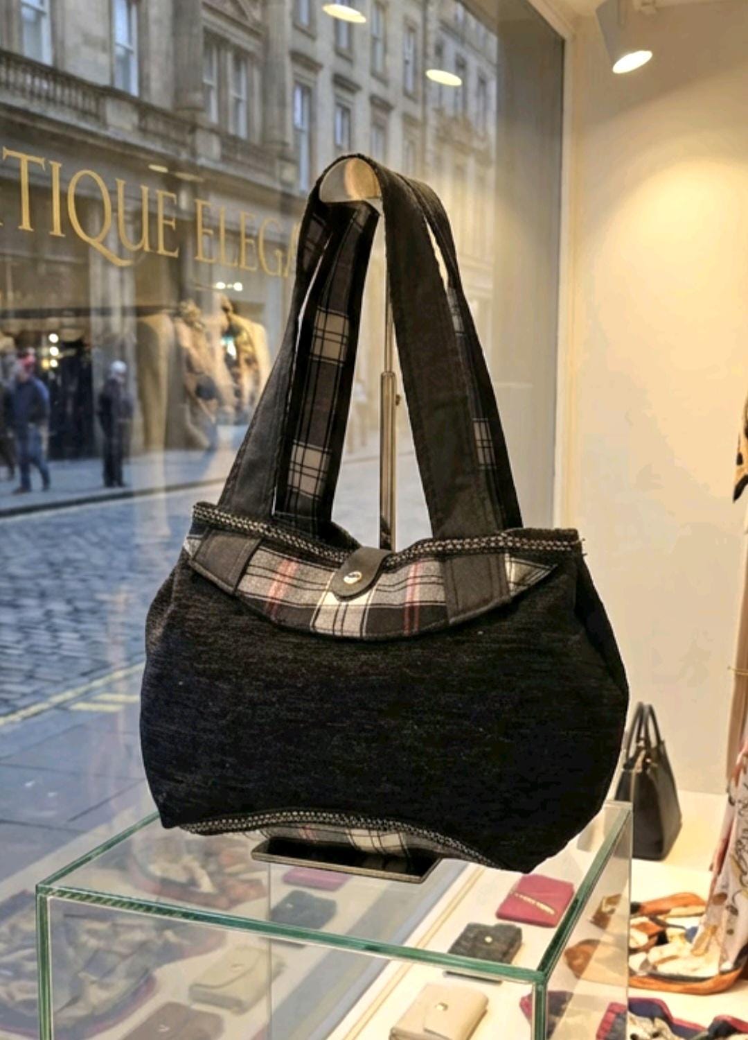 Black Chenille & Tartan Hand Bag, Black Red White Lined