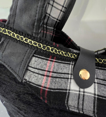 Black Chenille & Tartan Hand Bag, Black Red White Lined