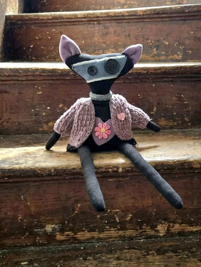 Gothic Art Doll Black Cat In A Cardi : 36cm Handmade Ragdoll, Purple Velvet Heart, Boxed