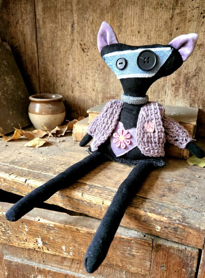 Gothic Art Doll Black Cat In A Cardi : 36cm Handmade Ragdoll, Purple Velvet Heart, Boxed