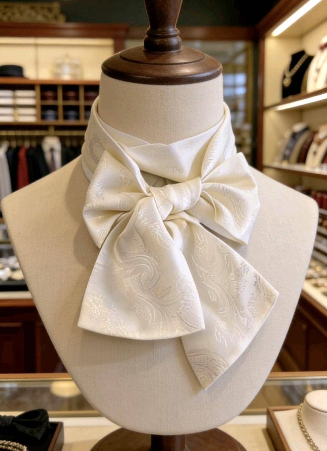 Cream Silky Paisley Cravat Bow Tie - Steampunk Gothic Victorian Costume Wedding