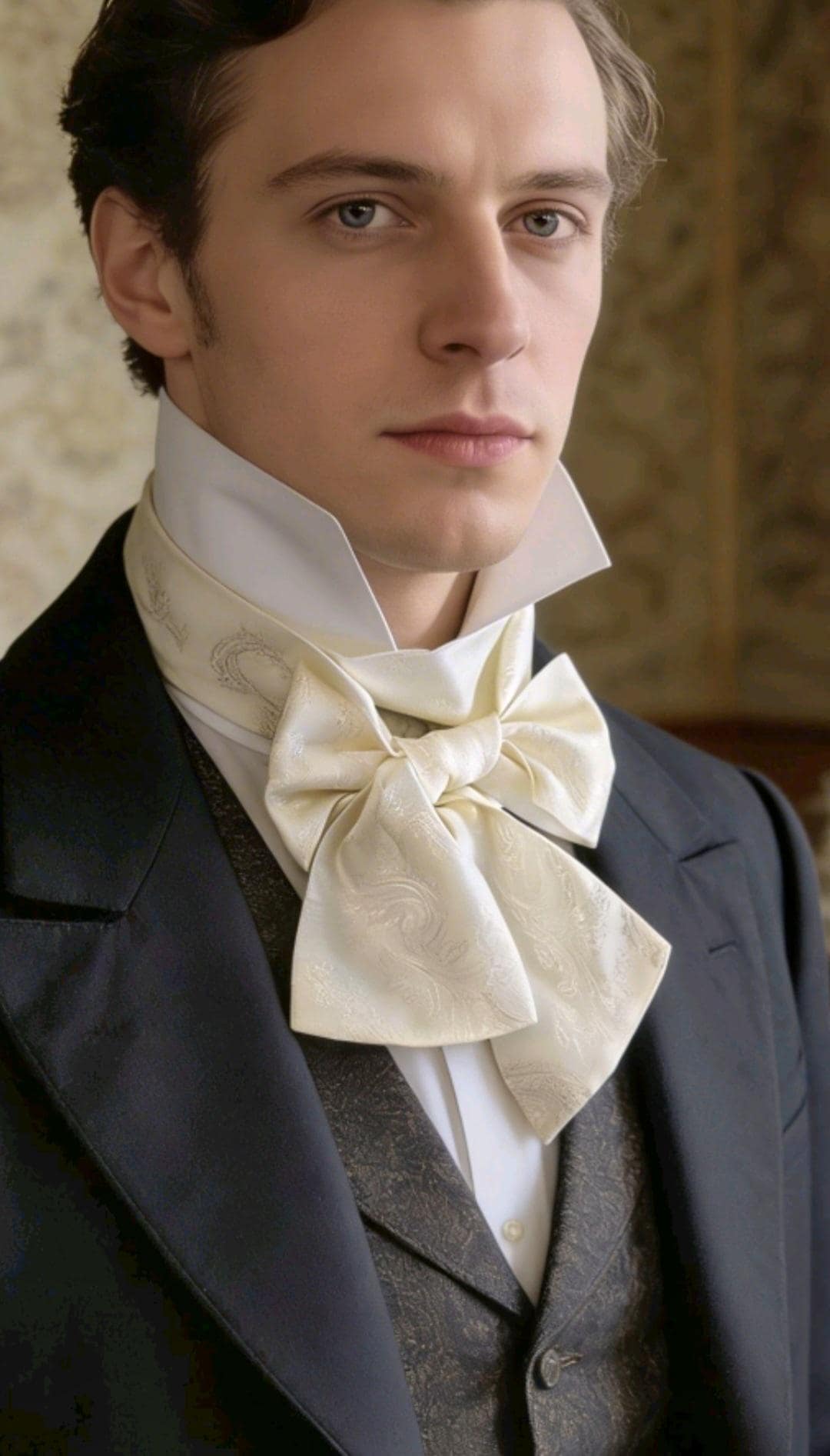 Cream Silky Paisley Cravat Bow Tie - Steampunk Gothic Victorian Costume Wedding