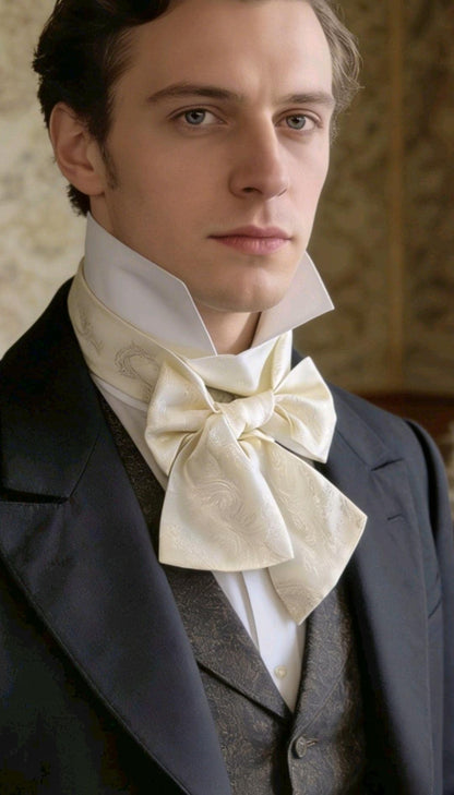 Cream Silky Paisley Cravat Bow Tie - Steampunk Gothic Victorian Costume Wedding
