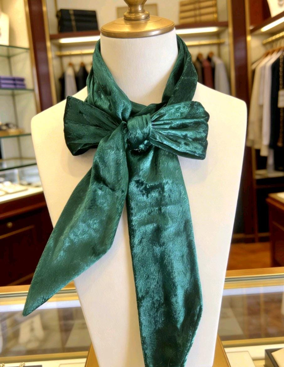 Dark Green Crushed Velvet Cravat Tie Pussy Bow - Steampunk Victorian Costume Wedding