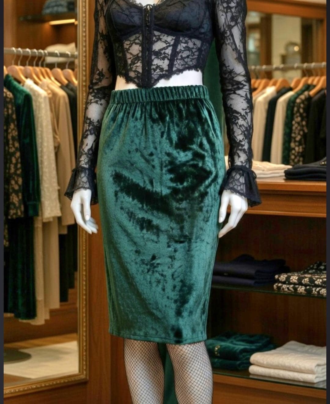 Dark Green Crushed Velvet Pencil Skirt - Gothic Witch Costume Size 8 - 12 (UK)