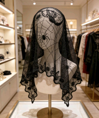 Black Lace Triangle Veil Spider & Web Victorian Catholic Whitby Gothic Bride Costume